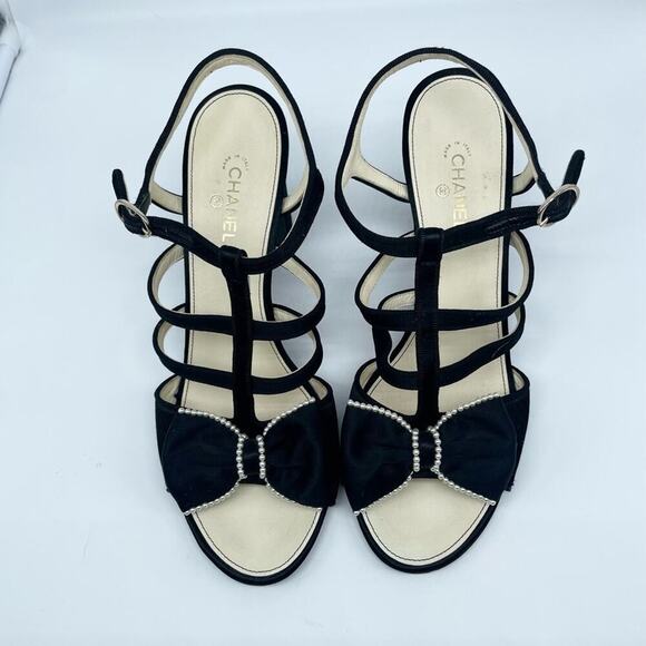 CHANEL Black leather/ Satin caged pearl embellished bow block heel sandals EU40 - Picture 2 of 14